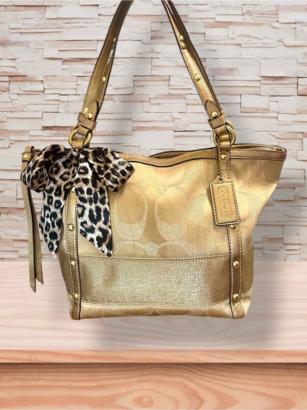 Coach Metallic Gold Signature Stripe Studded Lurex Tote
